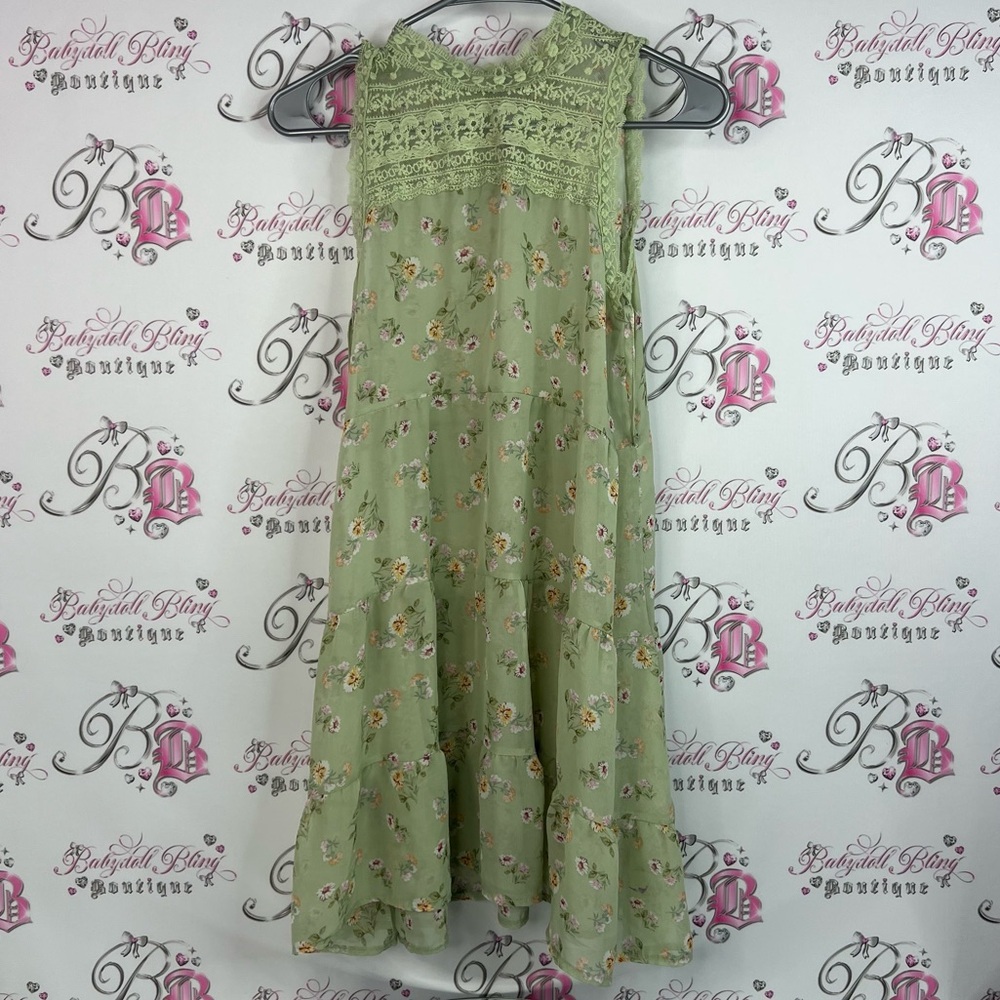 Dress sheer tiered ruffle flowers floral keyhole opening embroidered neckline